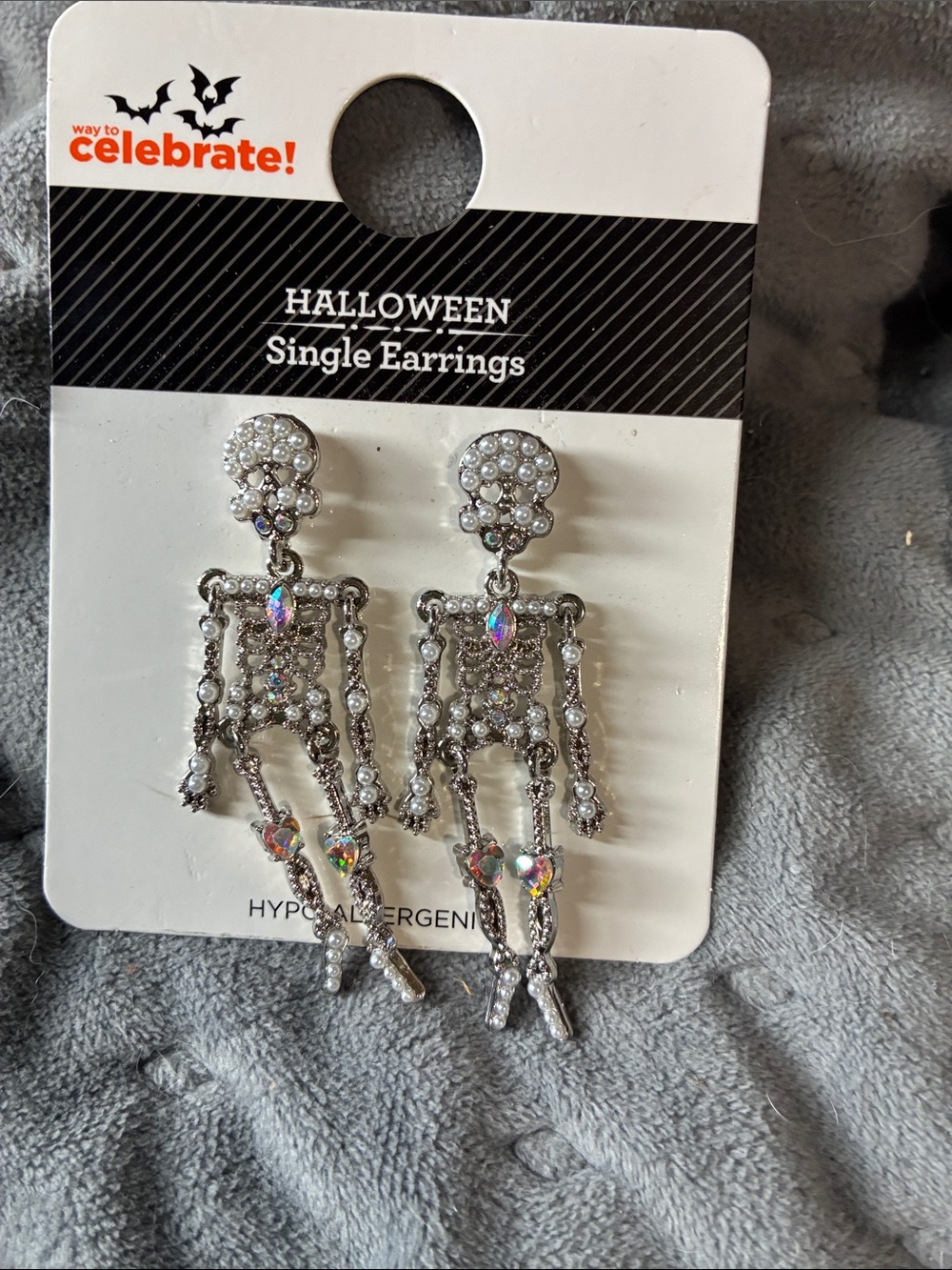 Halloween Crystal Skeleton Drop Earrings - Silver